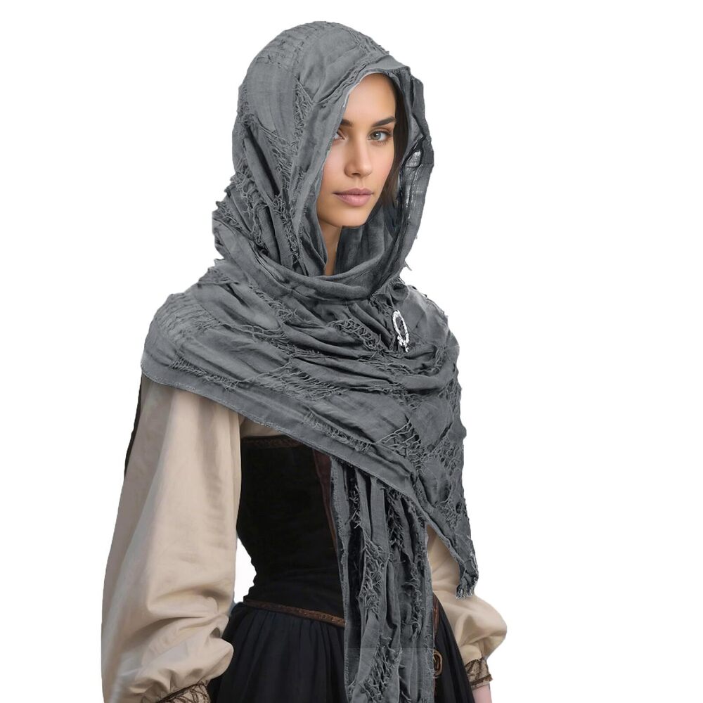 9855 Medieval Viking Tattered Scarf Shawl Brooch Set, Halloween Cosplay